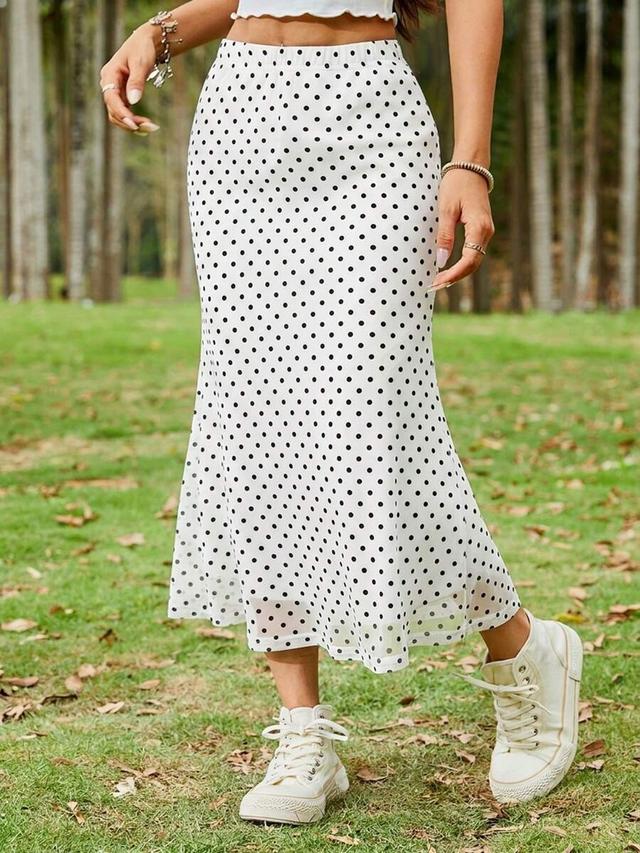white polka dot mesh sheer maxi mermaid skirt