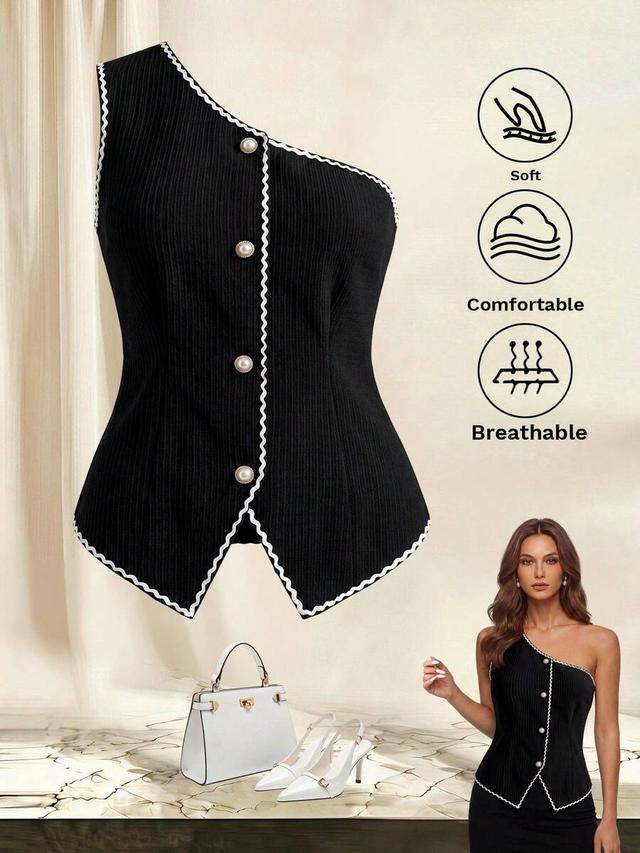 black tweed wave ribbon contrast color oblique shoulder top