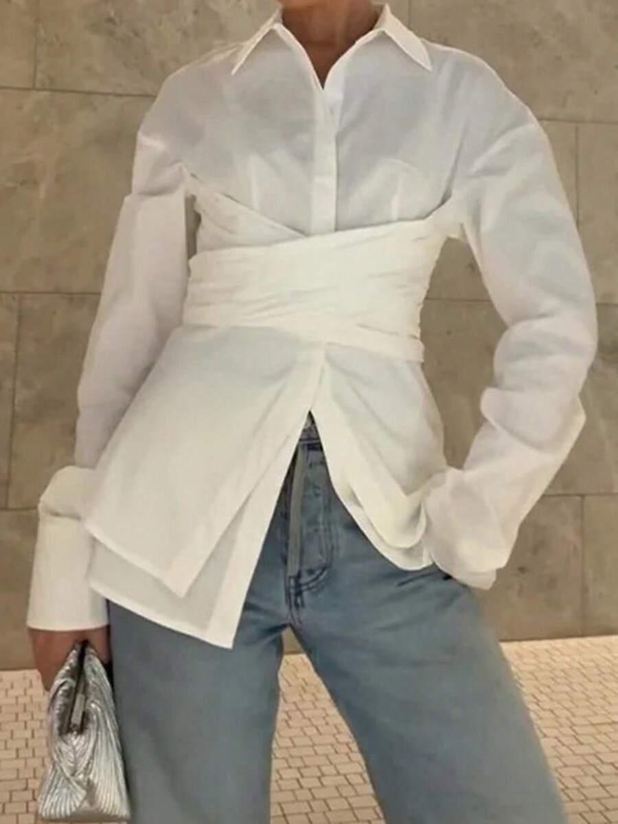 women's elegant solid white collared slim waist long sleeve blouse
