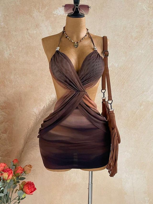 brown ombre print backless halter mini dress