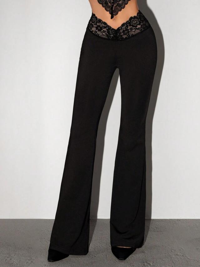 black super low-rise flare pants with lace waistband