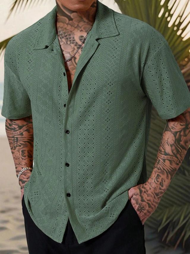 sage green geometric crochet textured short sleeve shirt