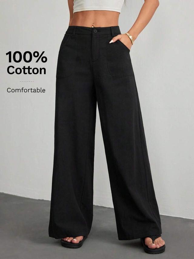 black solid cotton casual loose straight pants