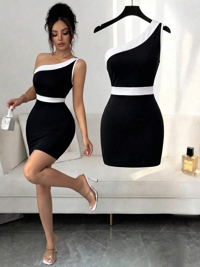 black and white color block asymmetric shoulder fitted dress
