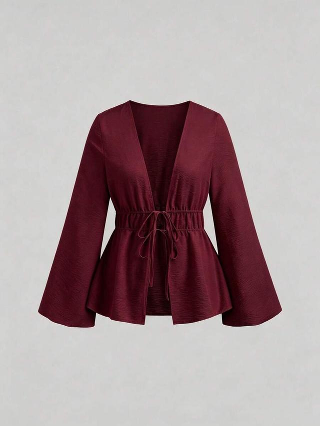 burgundy pleated tie-front long sleeve peplum top