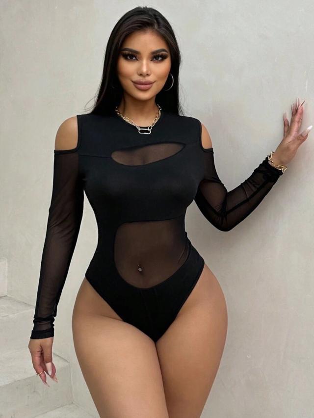 black mesh splice cold shoulder long sleeve bodysuit