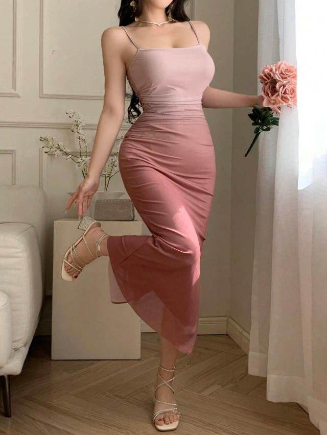 gradient strap mesh bodycon mid-length dress