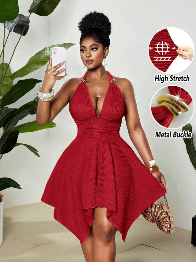 red pleated halter neck asymmetrical hem dress