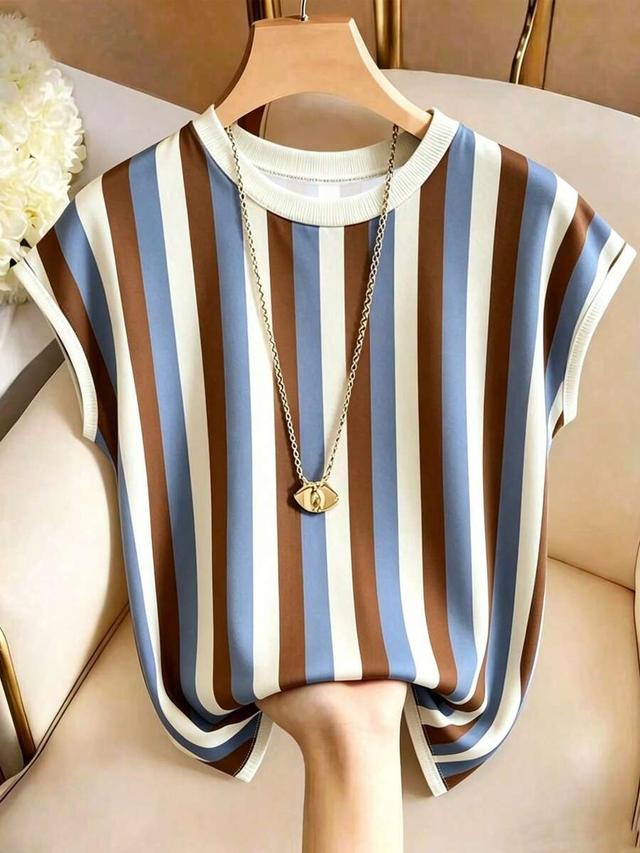 blue and white stripe cap sleeve knit tee