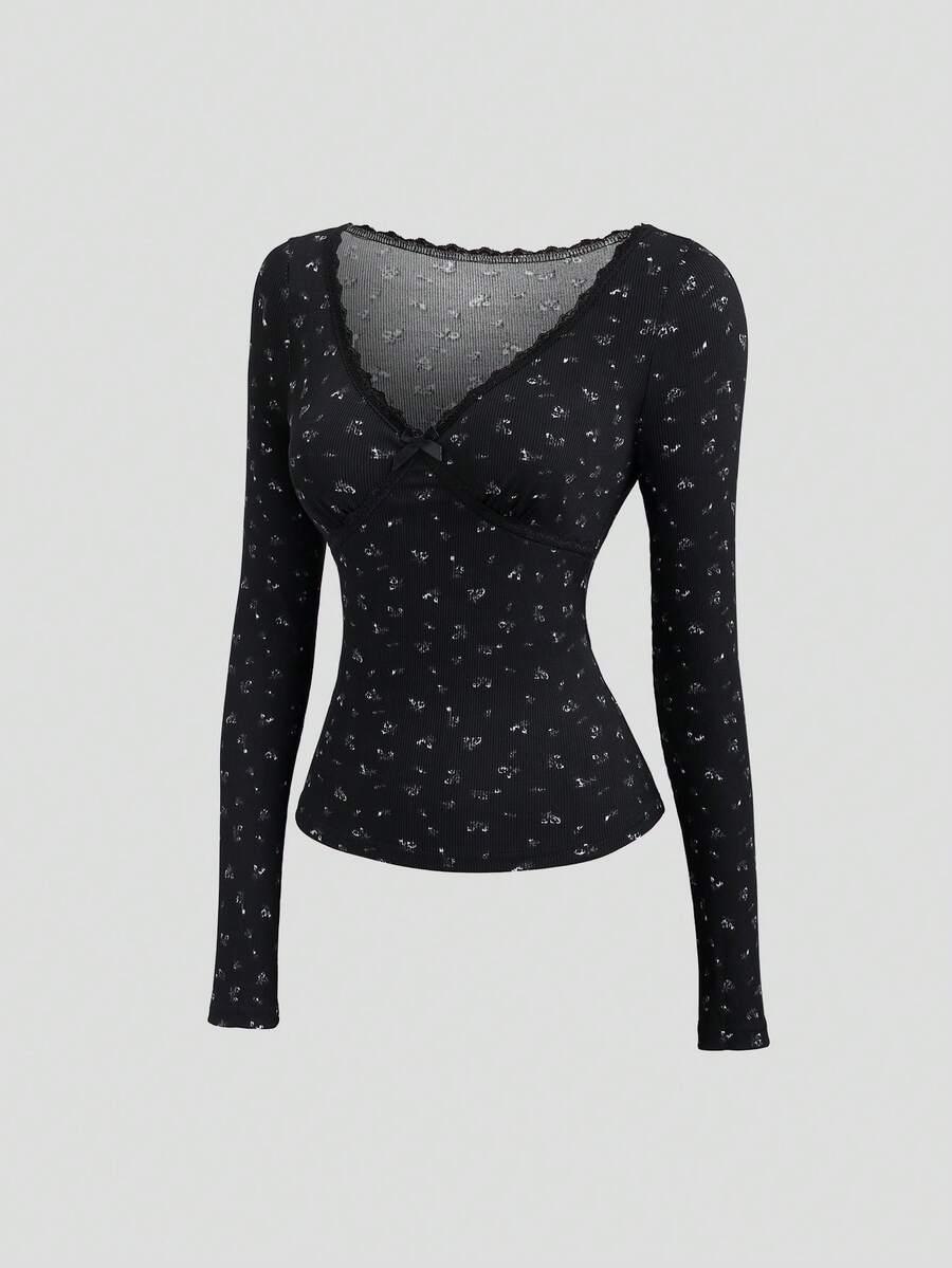 black ditsy floral ribbed long sleeve bow top