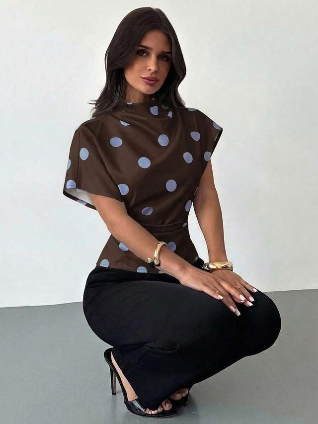 brown and blue polka dot ruched collar slim blouse