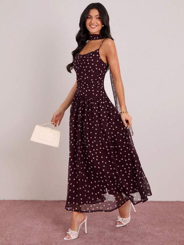 enchnt women's polka dot print sleeveless dress with ribbon