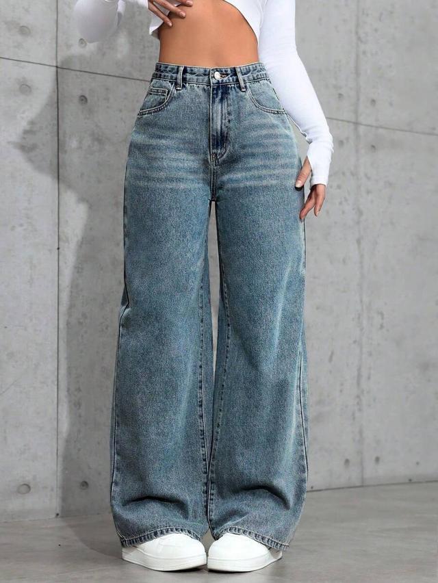 medium blue women's loose fit wide leg casual denim jeans