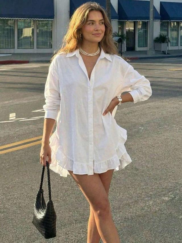 casual drop shoulder long sleeve white ruffle trim shirt