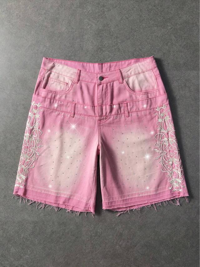 pink rhinestone embroidered denim shorts with raw hem