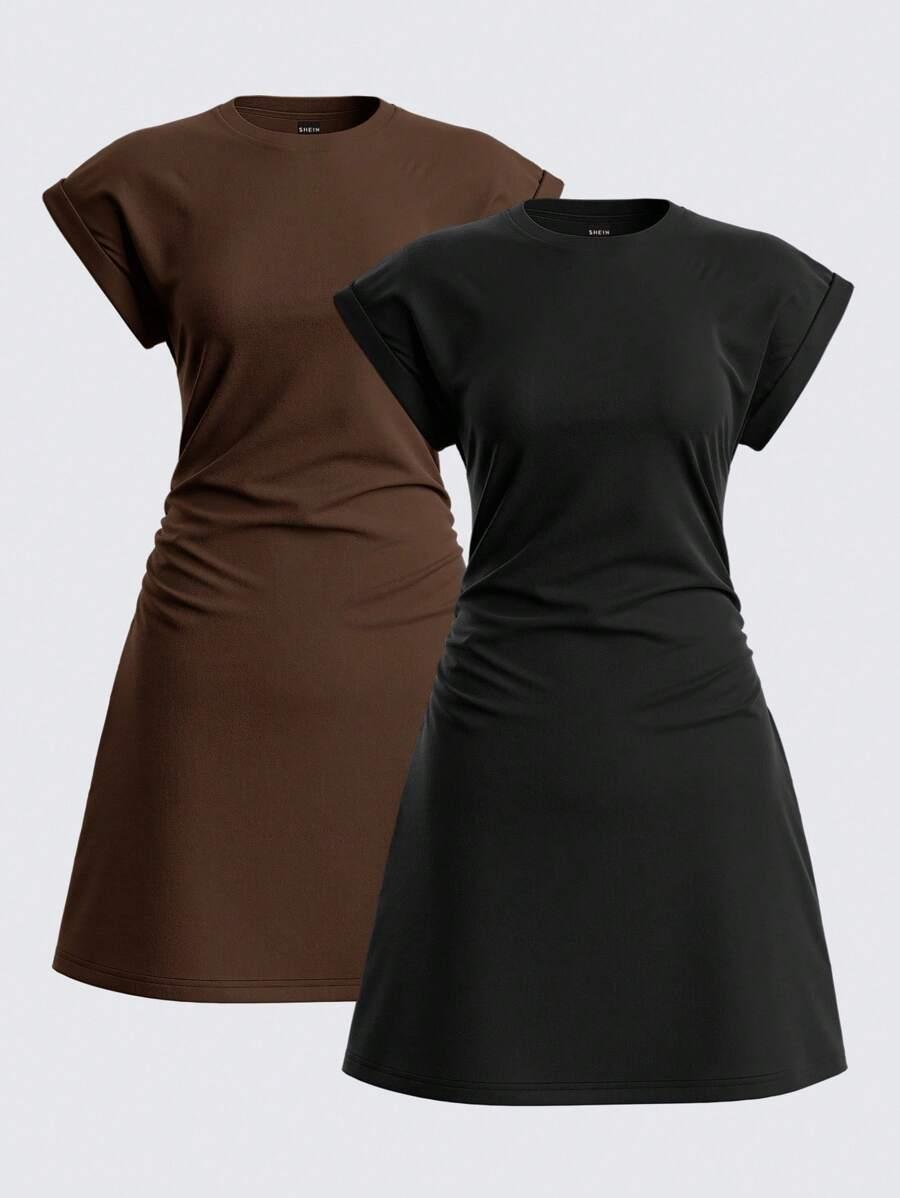 black casual solid color knit round neck mini dress