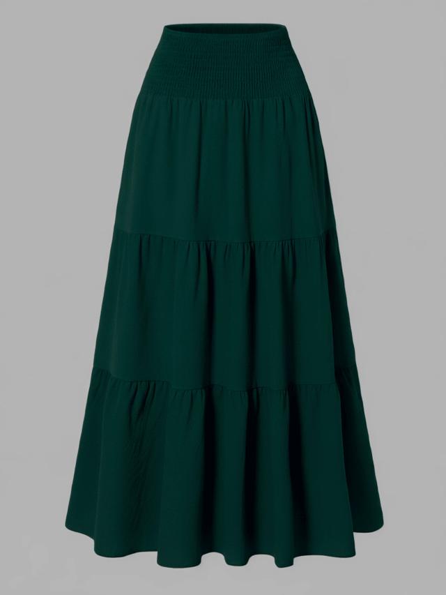 solid dark green tiered ruffle hem midi skirt