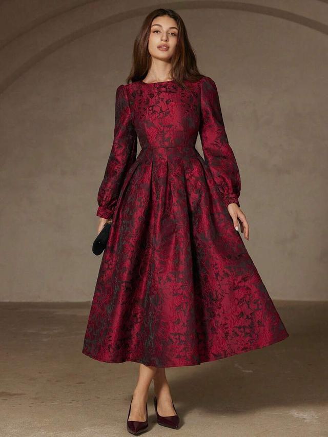red and black contrast jacquard pleated maxi dress