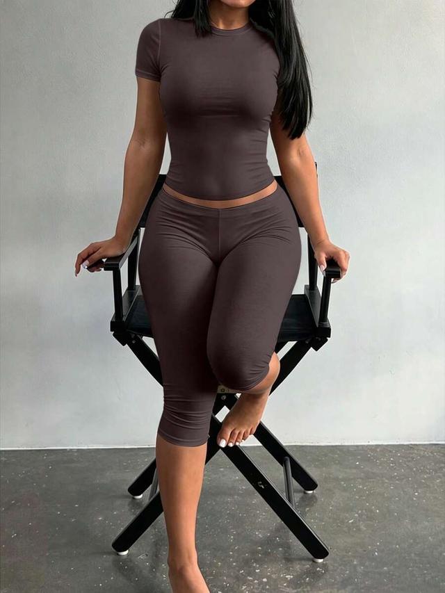 brown casual round neck short sleeve capri set