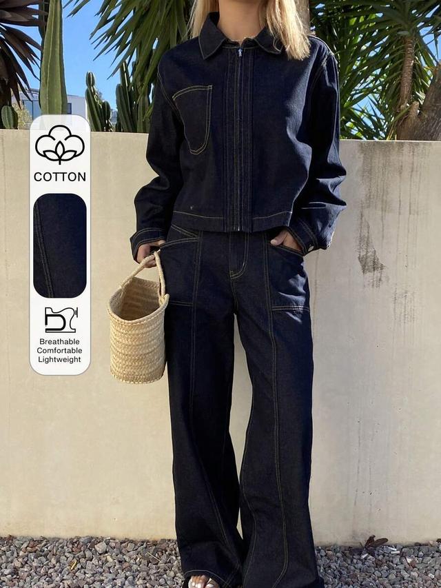 dark wash denim collared crop top and jeans set