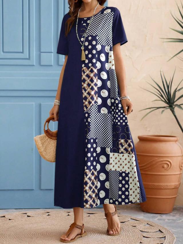 navy blue patchwork round neck short sleeve dress