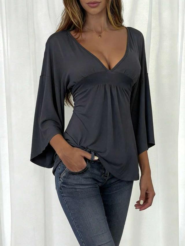 charcoal grey deep v-neck flare sleeve fitted top
