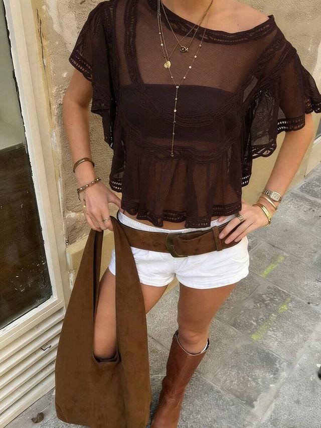 bohemian brown lace folded short sleeve top