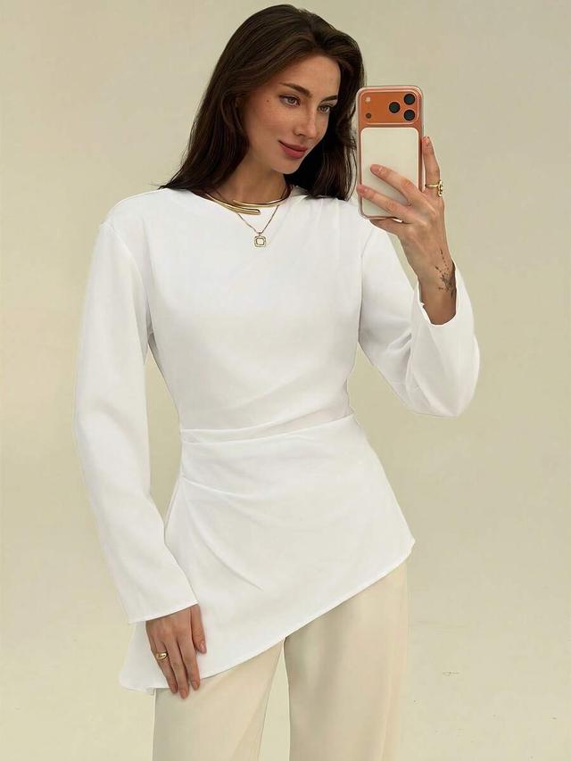 asymmetric hem long sleeve boat neck blouse
