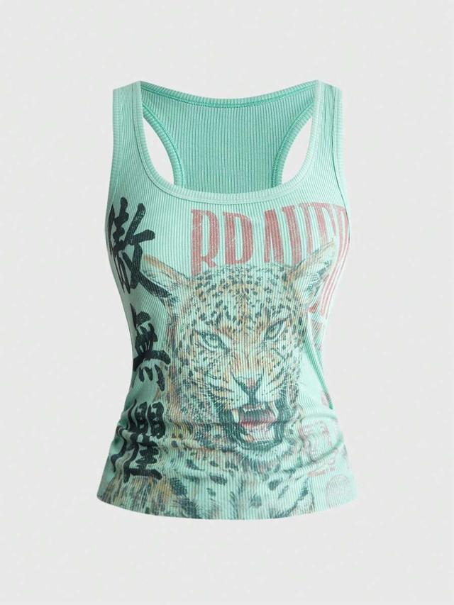 mint green ribbed tank with leopard and text print