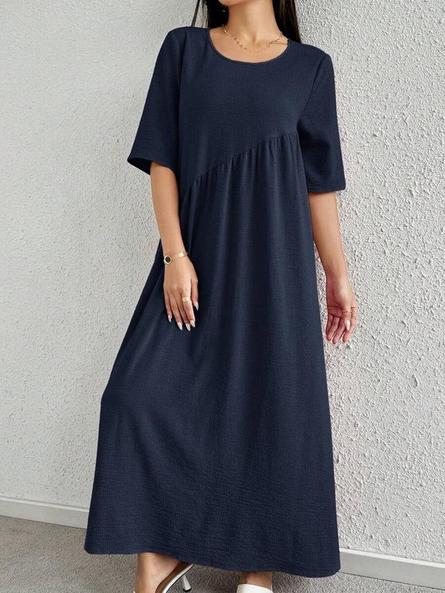 navy blue textured minimalist casual midi dress