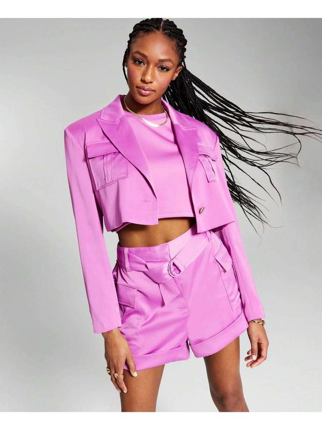 cropped utility blazer in bright pink satin