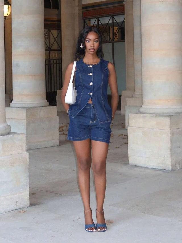 single-breasted denim vest and shorts casual set