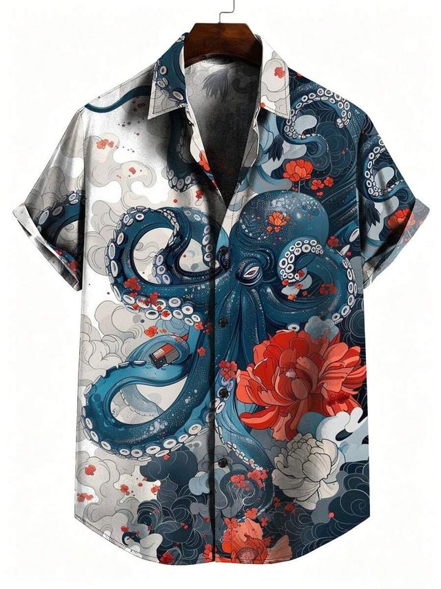 men's japanese ukiyo-e octopus print short sleeve shirt