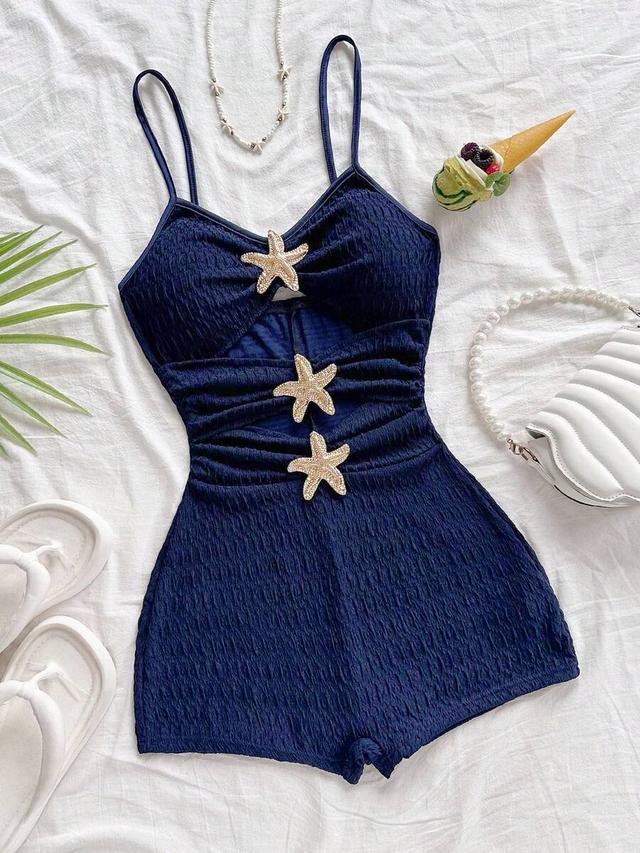 navy blue starfish decor hollow out camisole jumpsuit