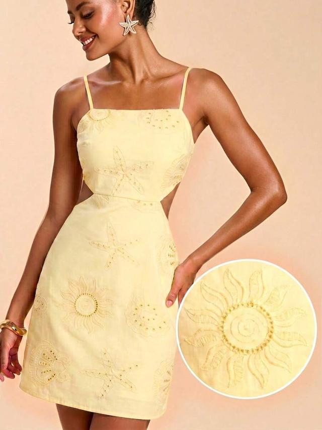 yellow crochet embroidered cutout summer beach dress