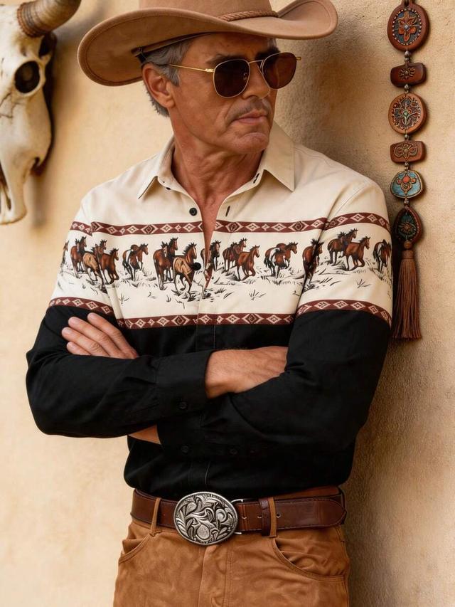 western style horse print contrast color long sleeve shirt