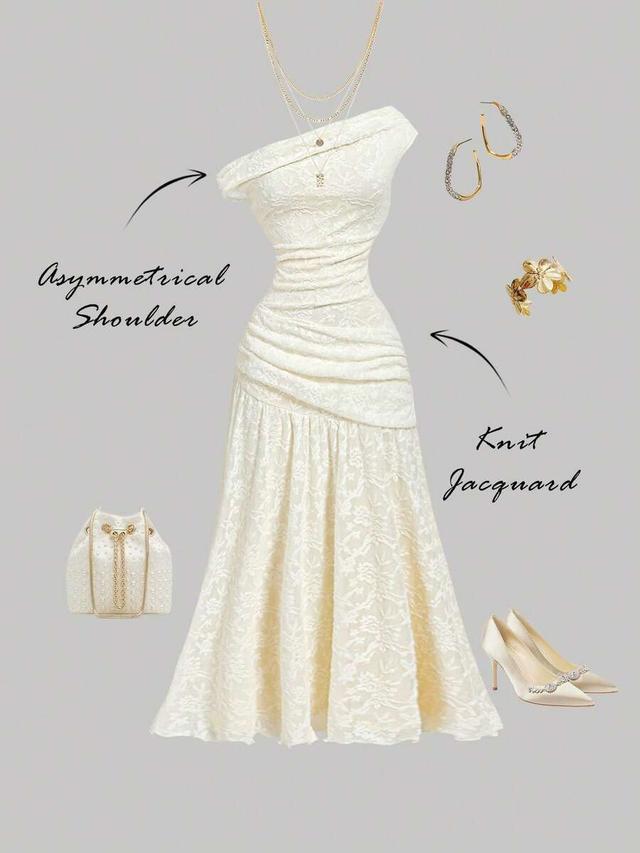 cream knit jacquard asymmetric one shoulder long dress