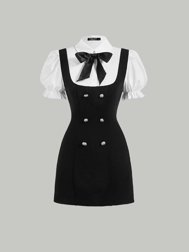 black and white double-breasted pinafore dress