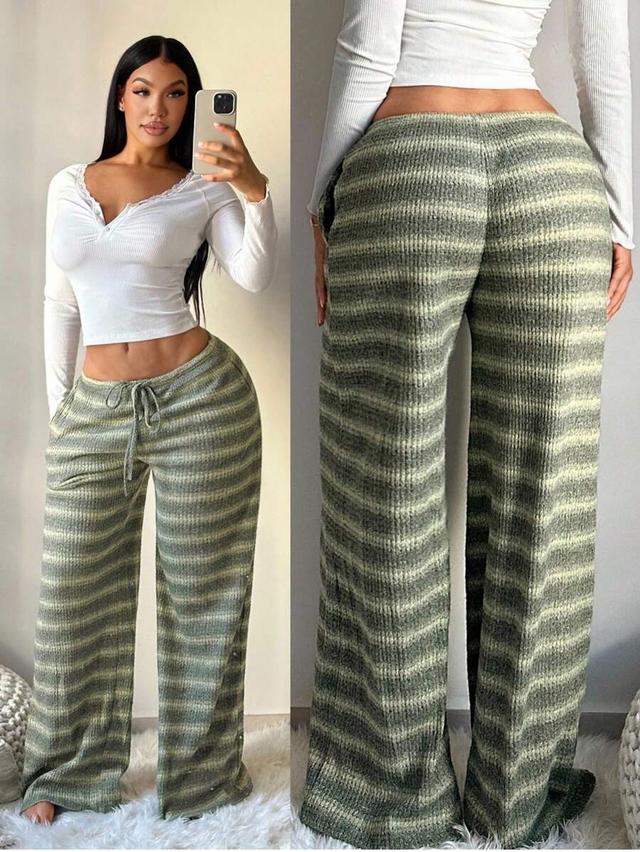 women's green striped low waist wide leg lounge pants