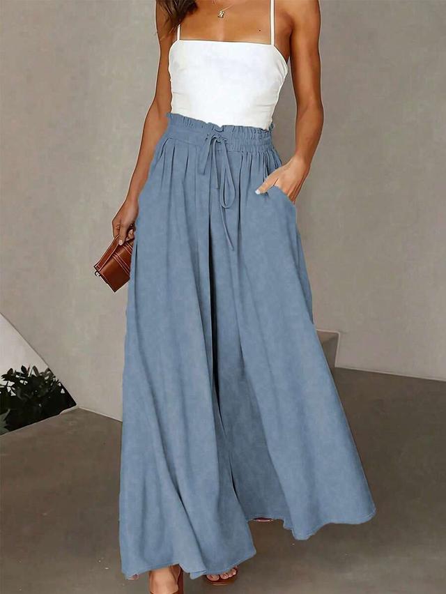 solid blue high waist tie-waist wide leg pants