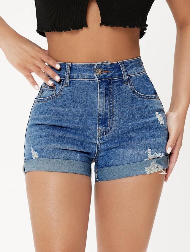 blue denim cuffed shorts with distressed detailing
