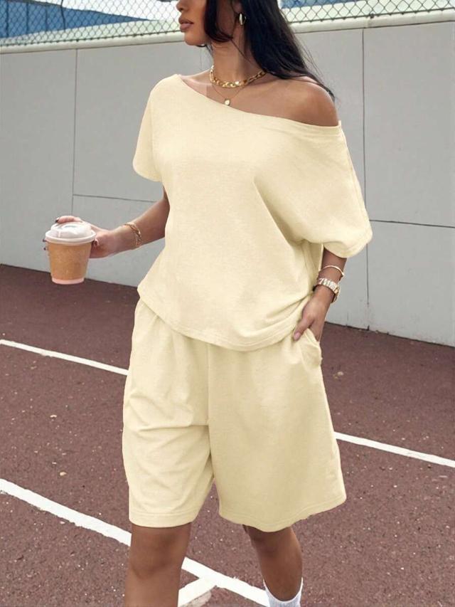 pale yellow knit one-shoulder top and shorts set
