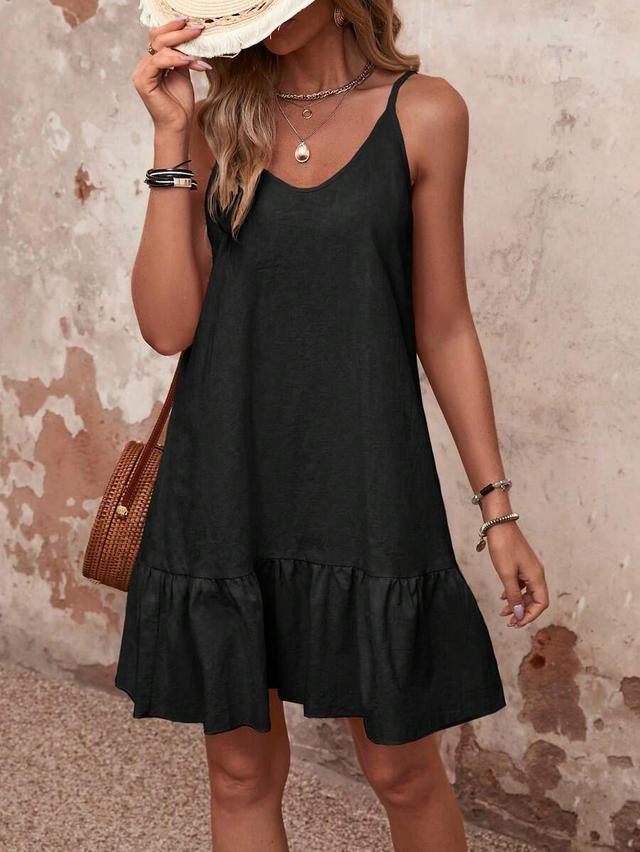solid black ruffle hem cami dress