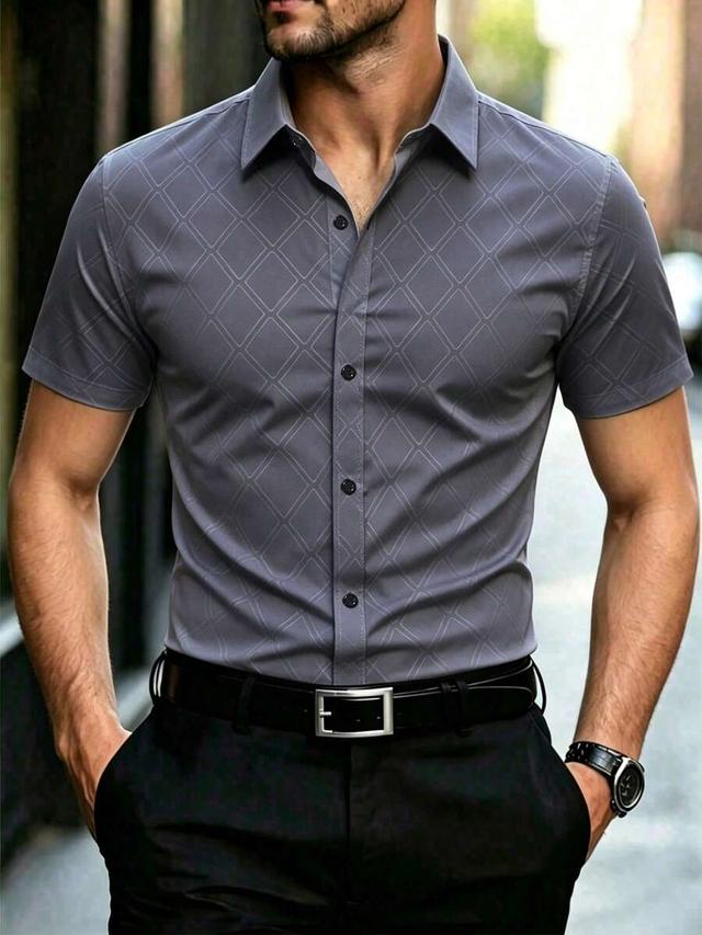 grey geometric diamond pattern short sleeve button-down shirt