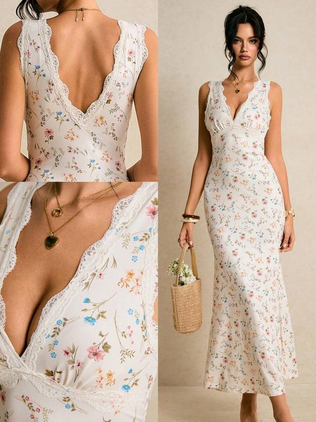 floral contrast lace v-neck sleeveless fitted mermaid dress