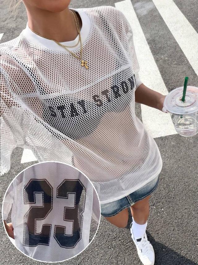 white mesh varsity letter print short sleeve top