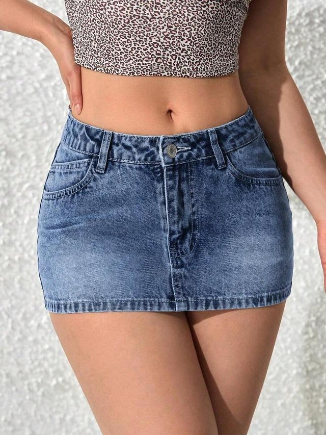 high waisted blue denim mini skirt