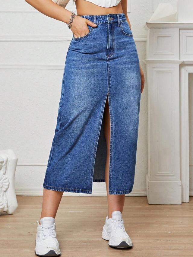high waist split thigh denim midi skirt