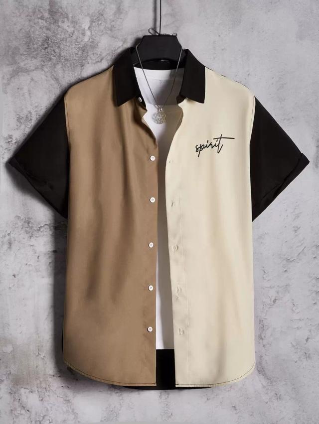 tan cream swavvy loose fit colorblock letter graphic shirt
