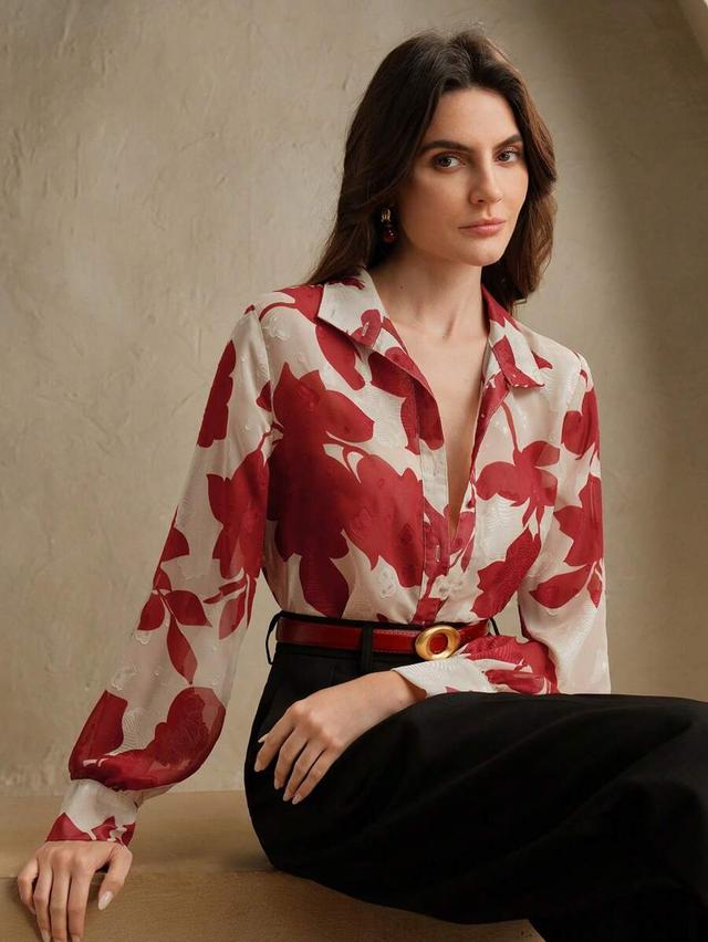 apricot floral woven jacquard long sleeve blouse